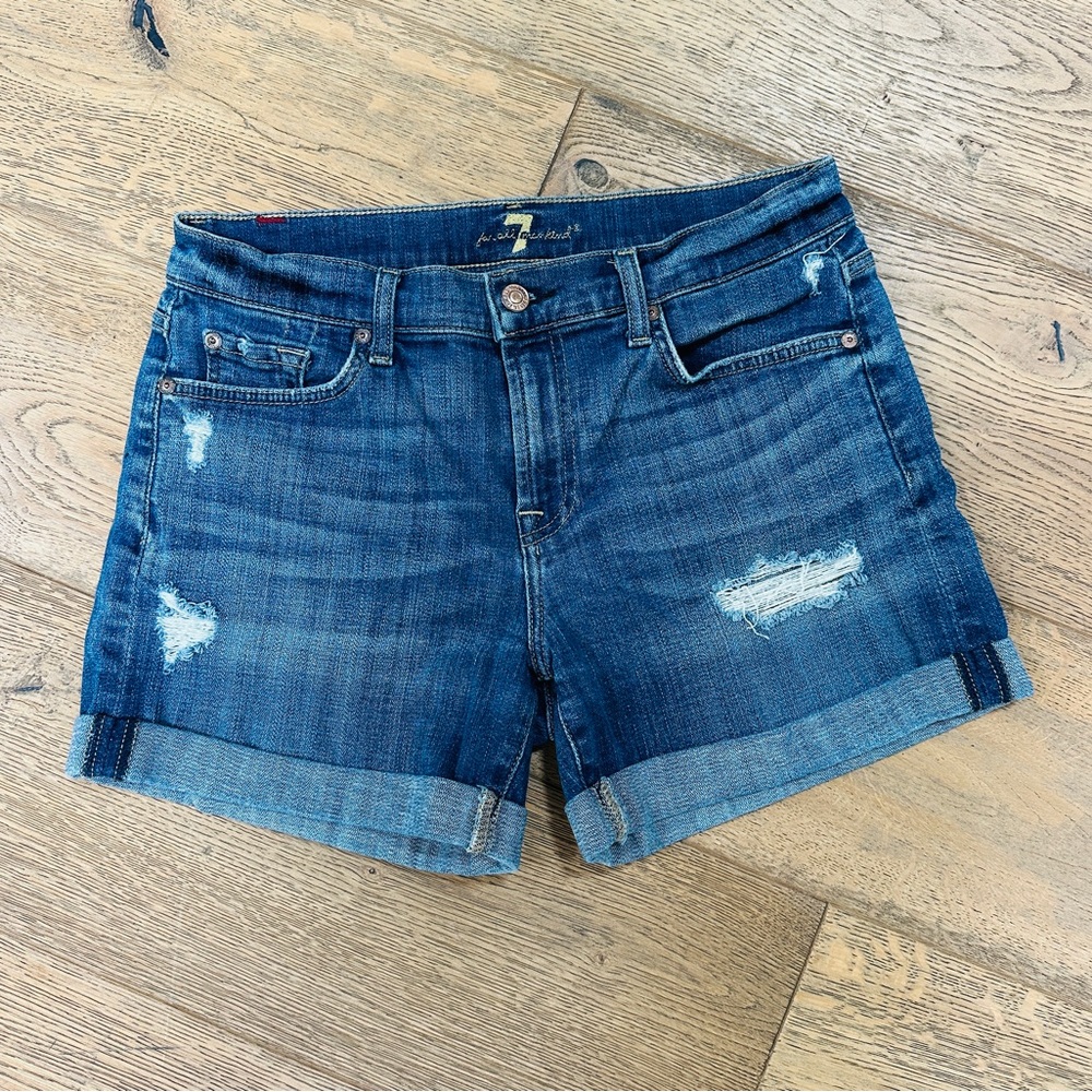 7 For All Mankind Blue Jean Shorts with Distressed Details